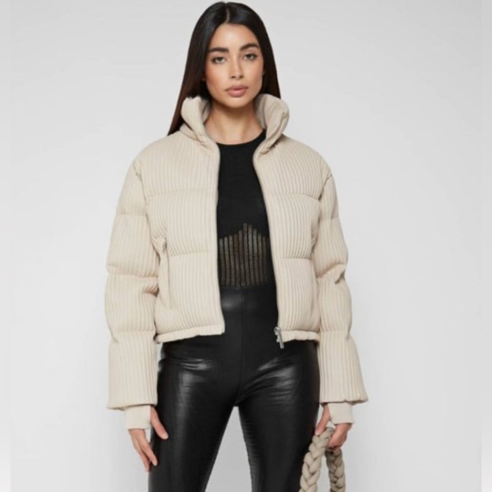 Maniere De Voir Ribbed Vegan Leather Puffer Jacket